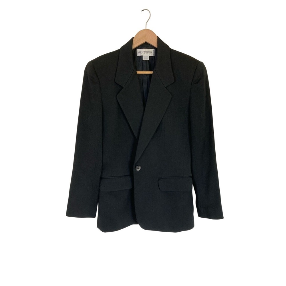 Vtg Liz Claiborne Black Single-Button Blazer‎ Size 8P Wool Blend Classic Basic